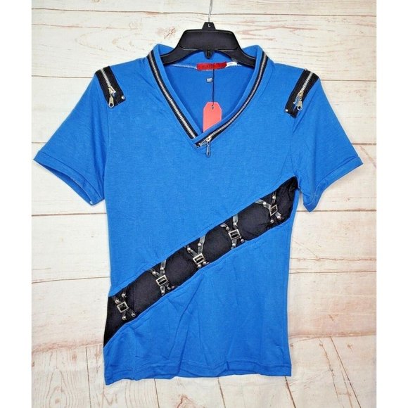 Vento Vassari Blue All Over Zipper V-neck Short Sleeve Designer Shirt - Picture 1 of 12